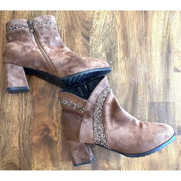 Brown Boots Womens Size 10 Suede & Glitter Ankle Boots Side Zipper & Chunky Heel - Picture 6 of 13